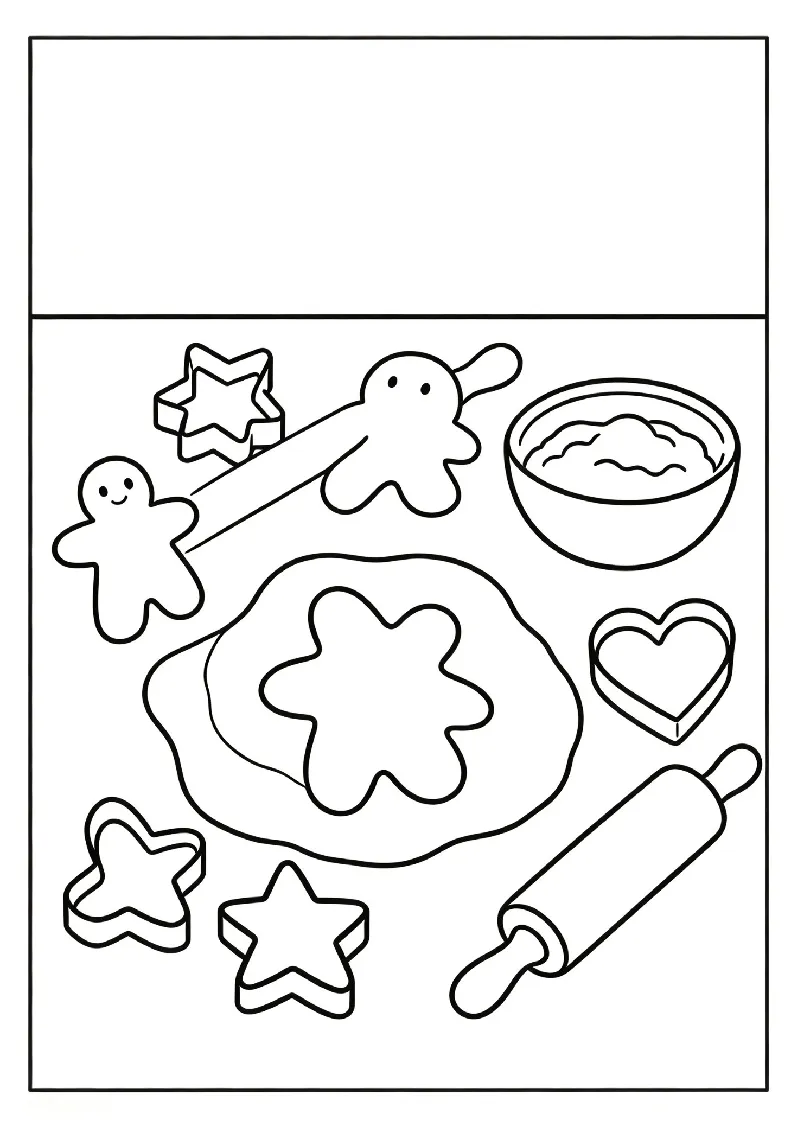Cookie Cutters and Dough on the Counter coloring page, black outline drawing ready to print