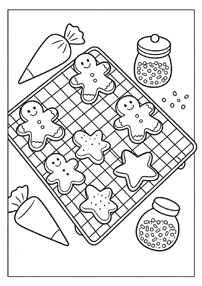Cookies Cooling on a Rack coloring page, black outline drawing ready to print