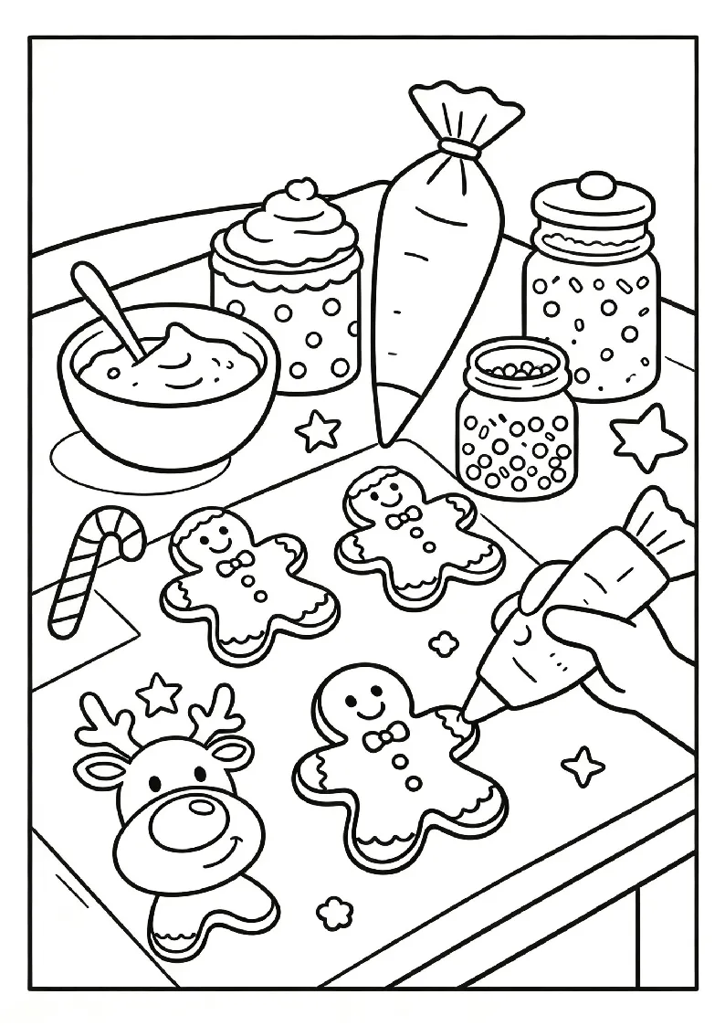 Decorating Table With Icing and Sprinkles coloring page, black outline drawing ready to print