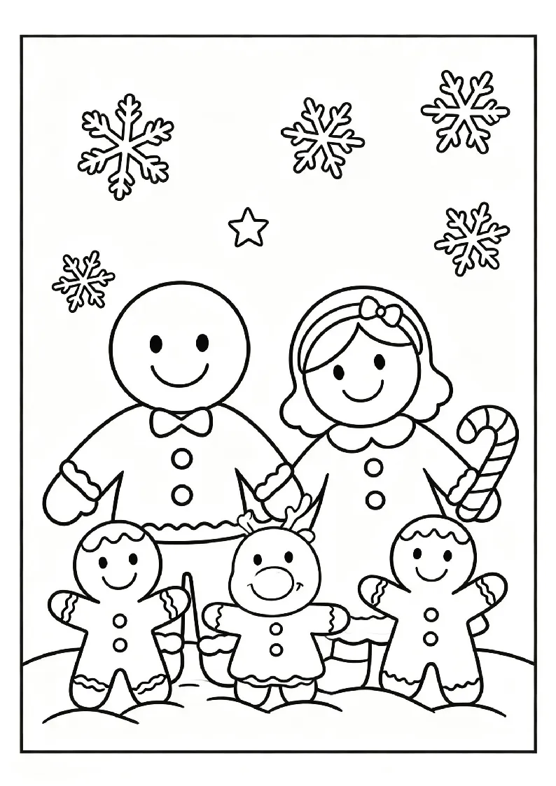 Gingerbread Family Holding Hands coloring page, black outline drawing ready to print