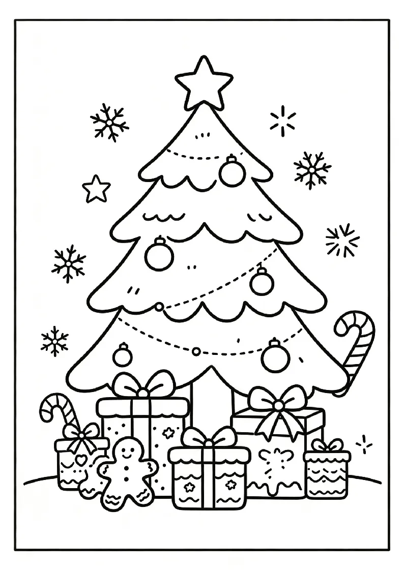 Gift Boxes Under the Tree coloring page, black outline drawing ready to print