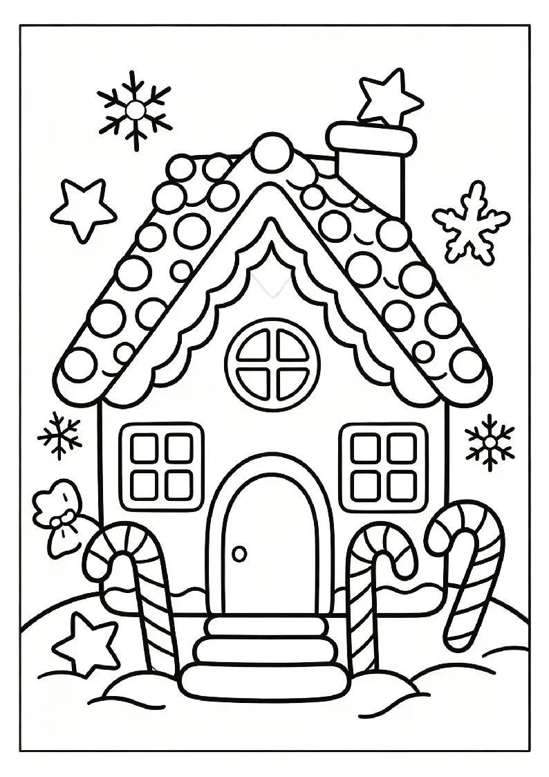 Gingerbread House With a Candy Roof coloring page, black outline drawing ready to print