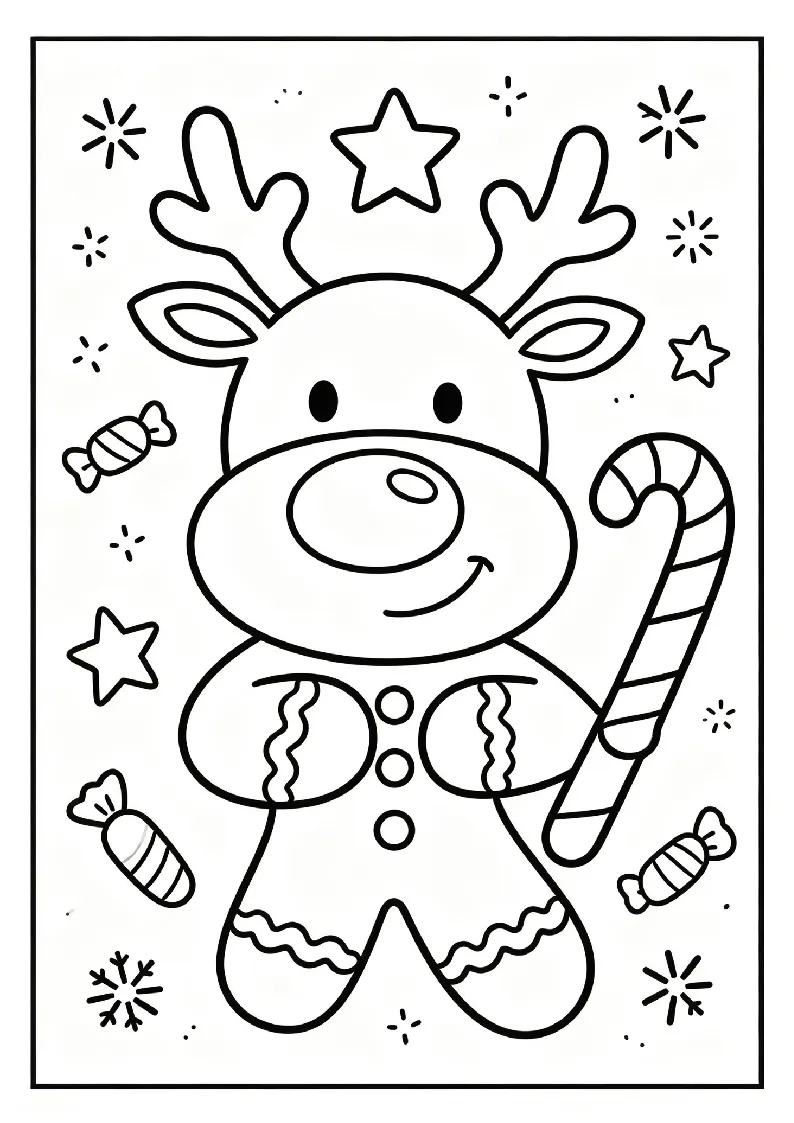Gingerbread Man Holding a Candy Cane coloring page, black outline drawing ready to print