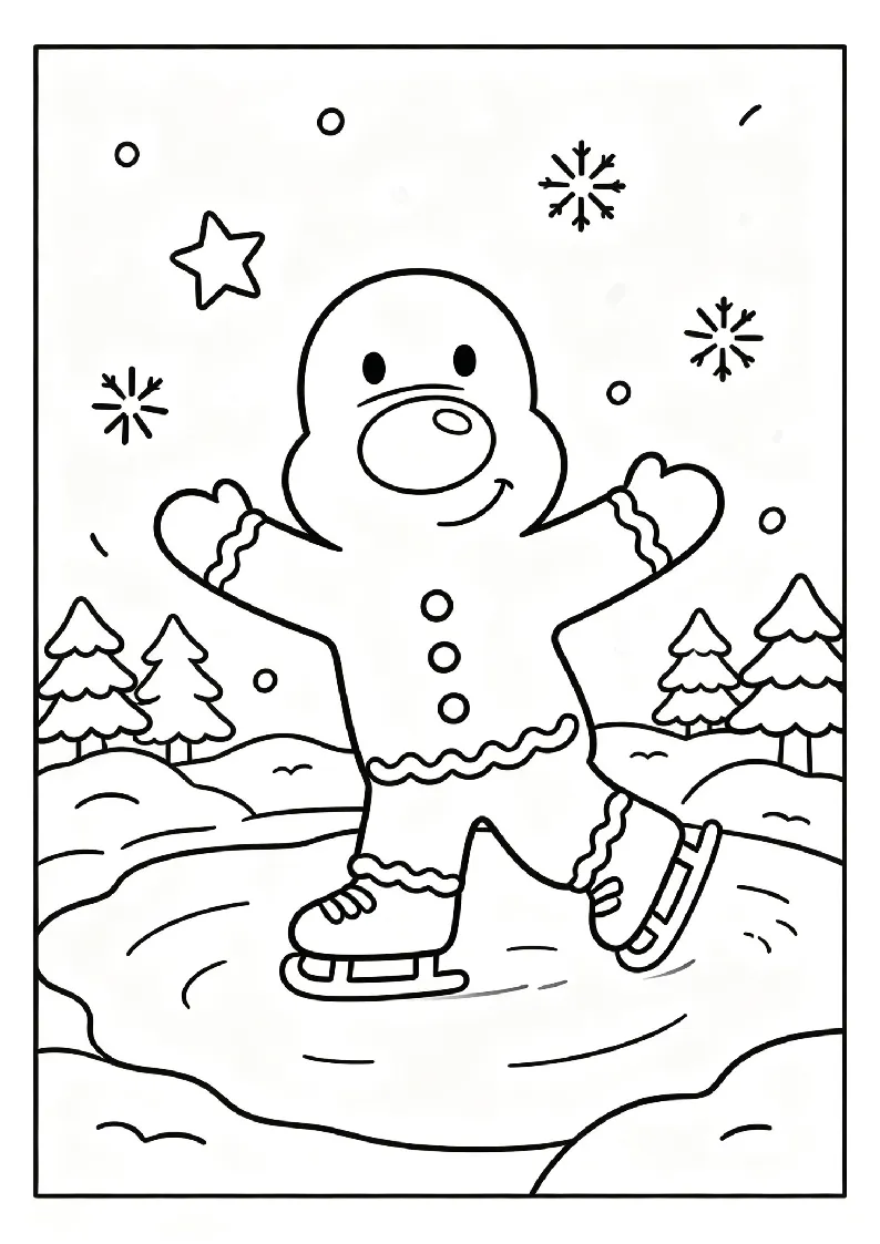 Gingerbread Man Ice Skating coloring page, black outline drawing ready to print