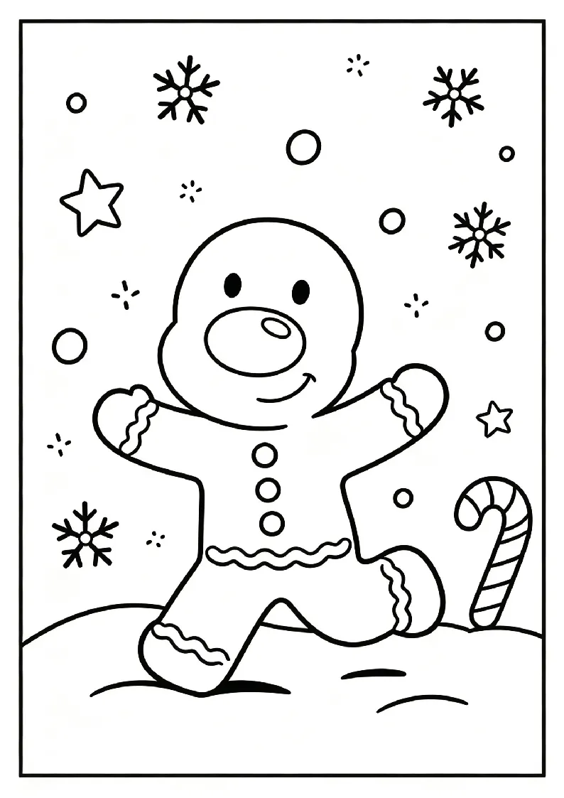 Gingerbread Man Running Through Snowflakes coloring page, black outline drawing ready to print