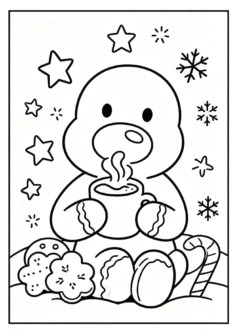 Gingerbread Man Sipping Cocoa coloring page, black outline drawing ready to print