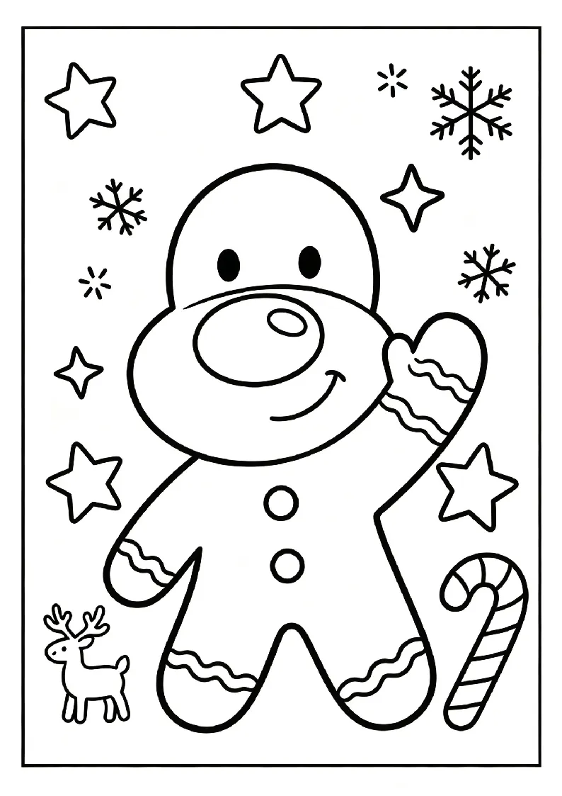 Gingerbread Man Waving Hello coloring page, black outline drawing ready to print