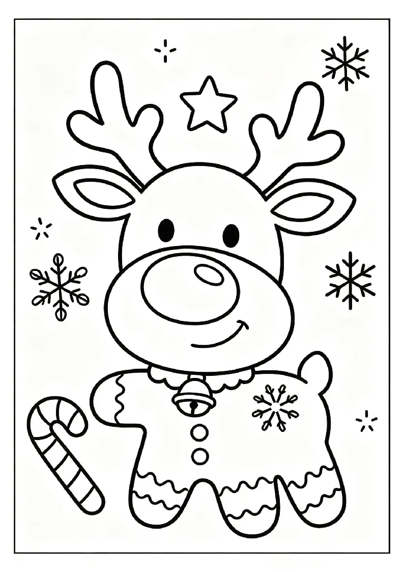 Gingerbread Reindeer With a Gumdrop Nose coloring page, black outline drawing ready to print