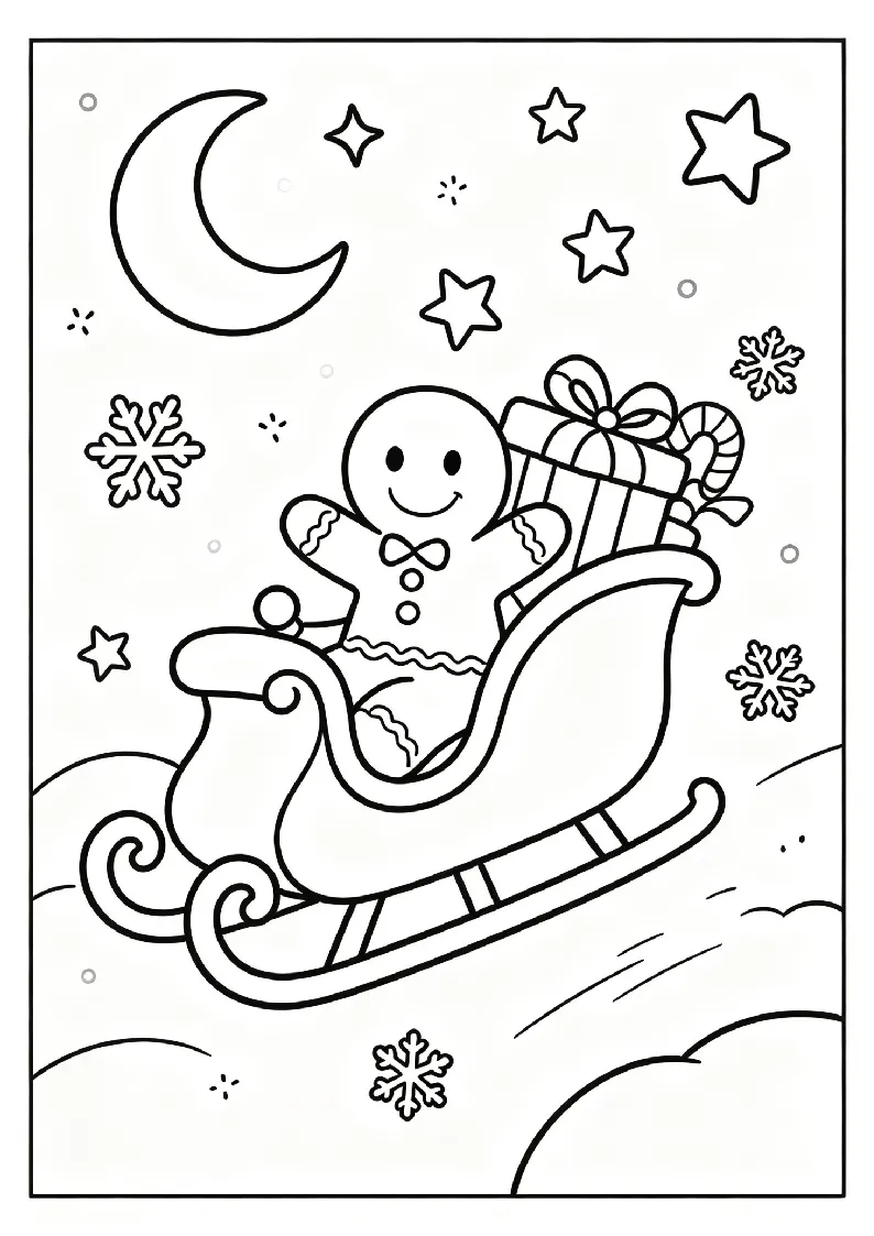 Gingerbread Sleigh Ride Through the Night coloring page, black outline drawing ready to print