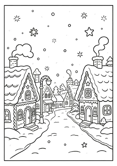 Snowy Gingerbread Village Street online coloring canvas