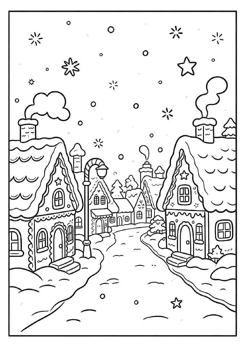 Snowy Gingerbread Village Street coloring page, black outline drawing ready to print