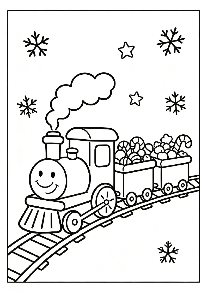 Gingerbread Train With Candy Cargo coloring page, black outline drawing ready to print