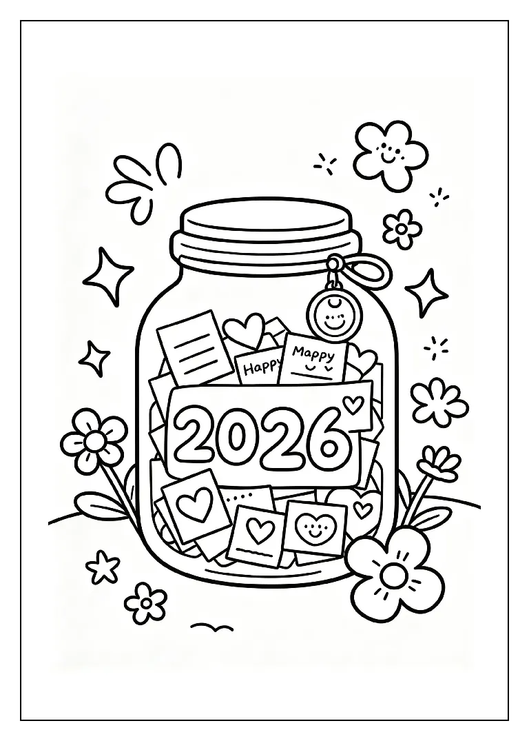 2026 Memory Jar Full of Happy Moments coloring page, black outline drawing ready to print