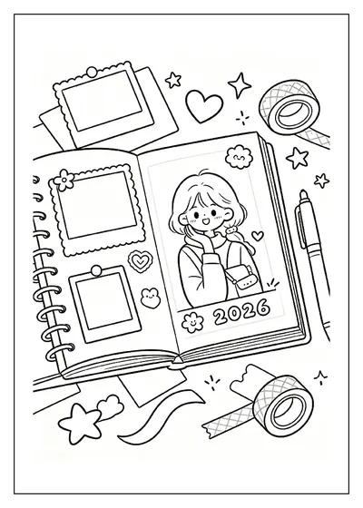2026 Scrapbook with Photos and Stickers coloring page