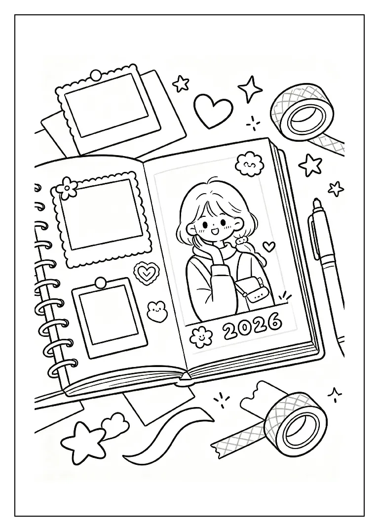 2026 Scrapbook with Photos and Stickers coloring page, black outline drawing ready to print