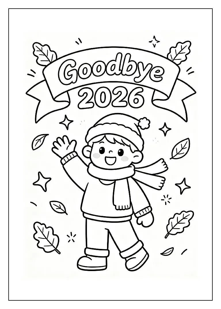 Goodbye 2026 Farewell Banner coloring page, black outline drawing ready to print