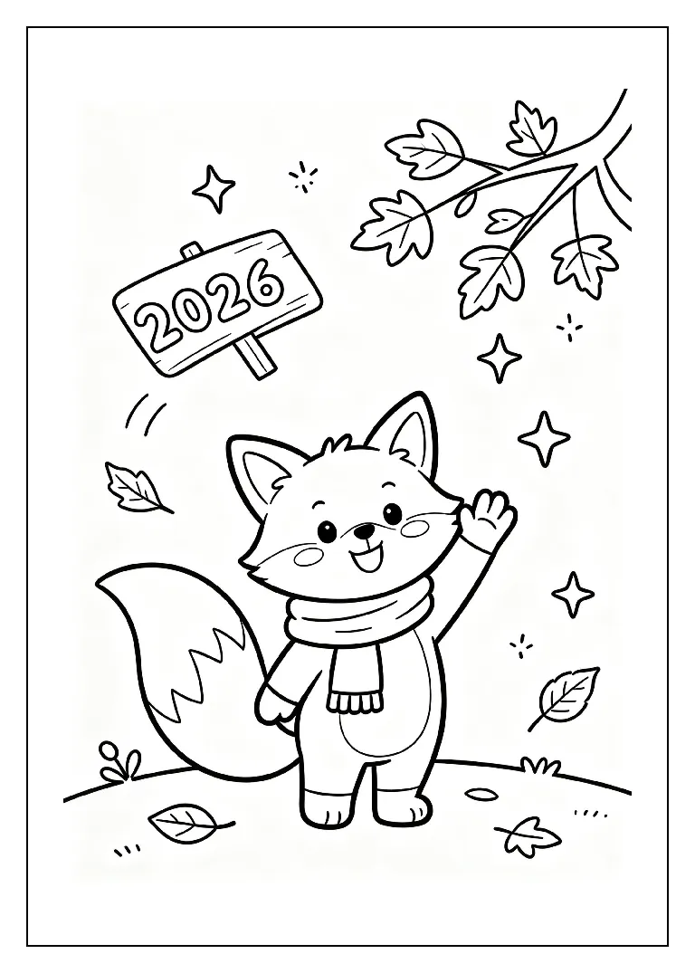 Fox Waving Farewell to 2026 coloring page, black outline drawing ready to print