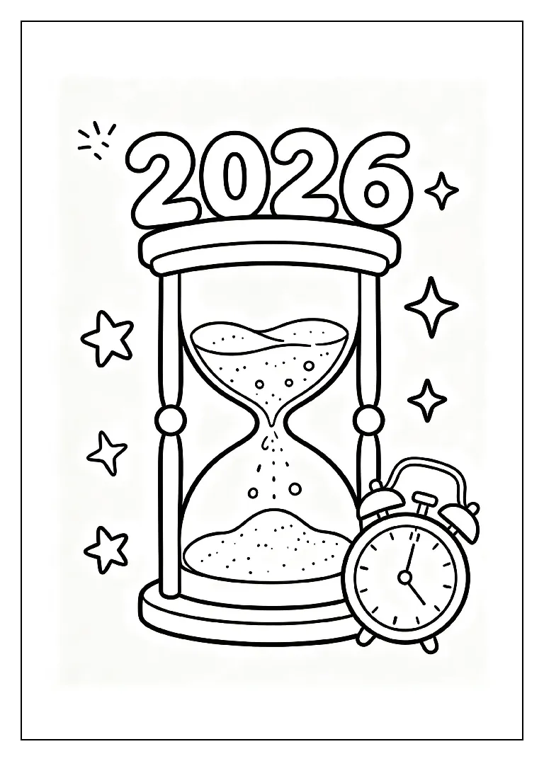Hourglass Running Out on 2026 coloring page, black outline drawing ready to print