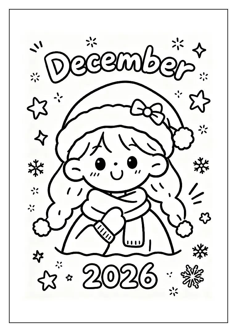 Last Page of the 2026 Calendar coloring page, black outline drawing ready to print