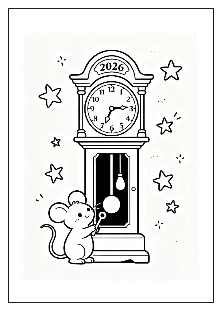 Old Year Clock Winding Down coloring page, black outline drawing ready to print