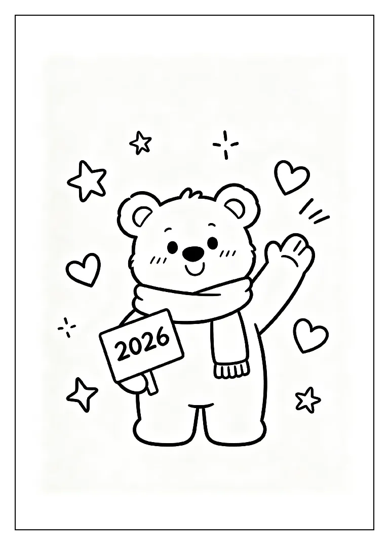 Old Year Teddy Bear Saying Goodbye coloring page, black outline drawing ready to print