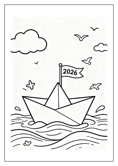 Goodbye 2026 Paper Boat Sailing Away coloring page