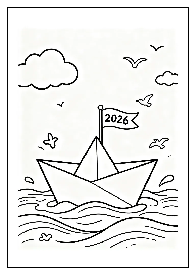 Goodbye 2026 Paper Boat Sailing Away coloring page, black outline drawing ready to print
