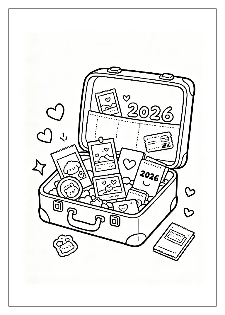 Goodbye 2026 Suitcase Packed with Memories coloring page, black outline drawing ready to print