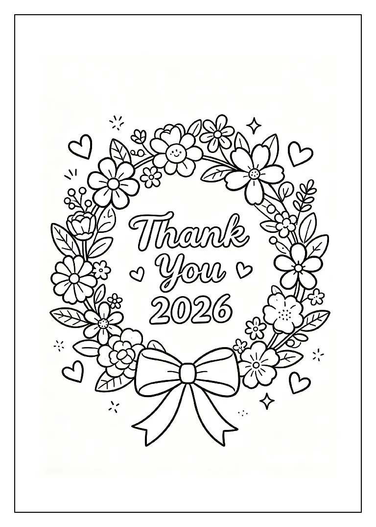Thank You 2026 Gratitude Wreath coloring page, black outline drawing ready to print
