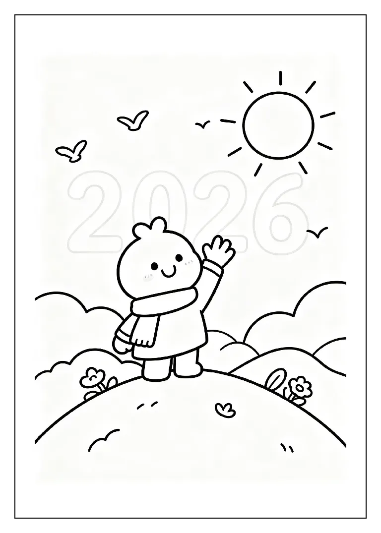 Waving Goodbye to 2026 at Sunset coloring page, black outline drawing ready to print