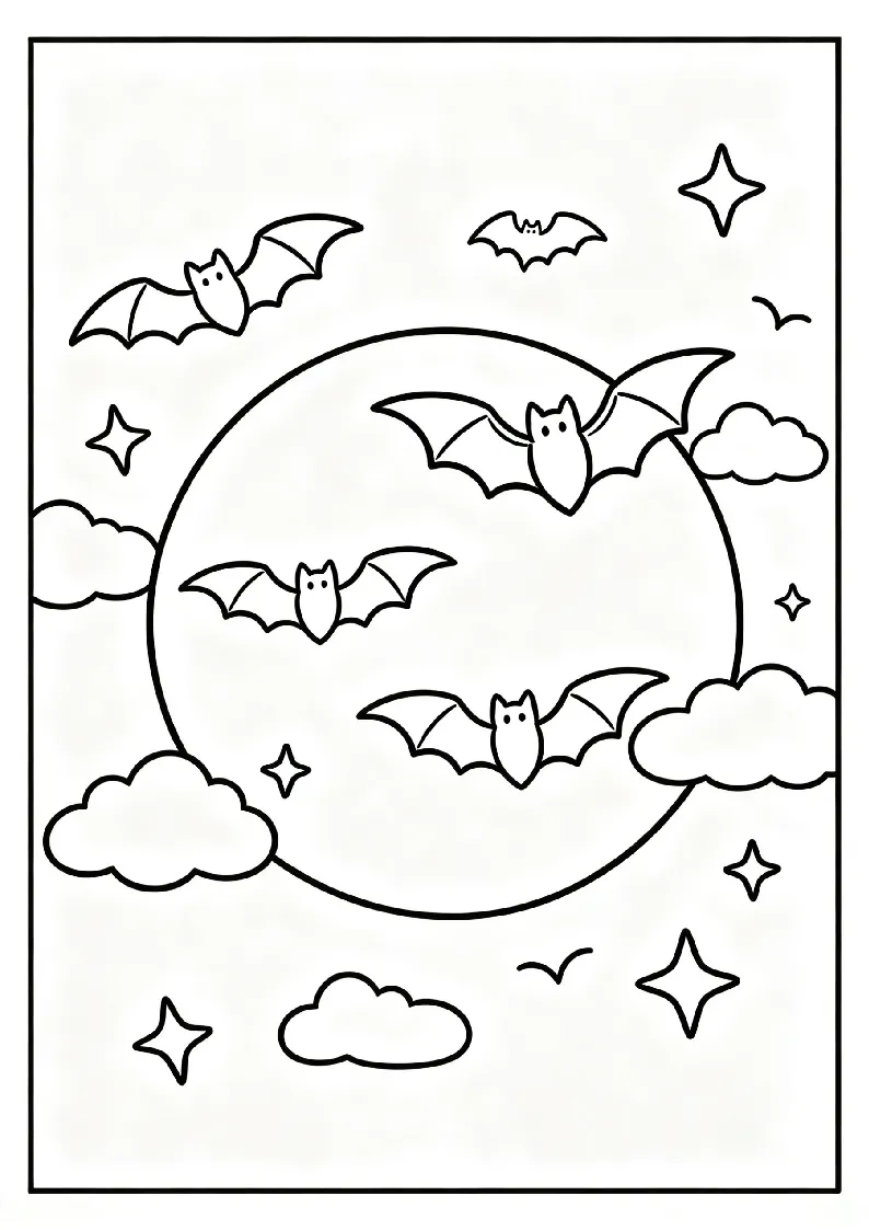 Bats Flying Across a Full Moon coloring page, black outline drawing ready to print