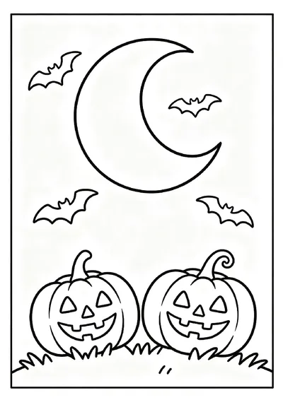 Bats Flying Over a Big Moon With Two Jack-o'-Lanterns coloring page