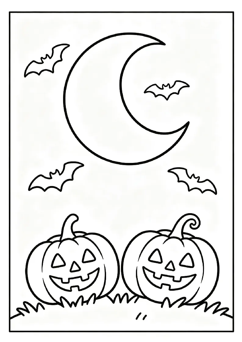 Bats Flying Over a Big Moon With Two Jack-o'-Lanterns coloring page, black outline drawing ready to print