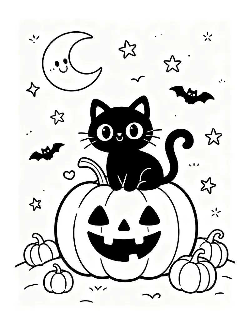 Black Cat Sitting on a Jack-o'-Lantern coloring page, black outline drawing ready to print