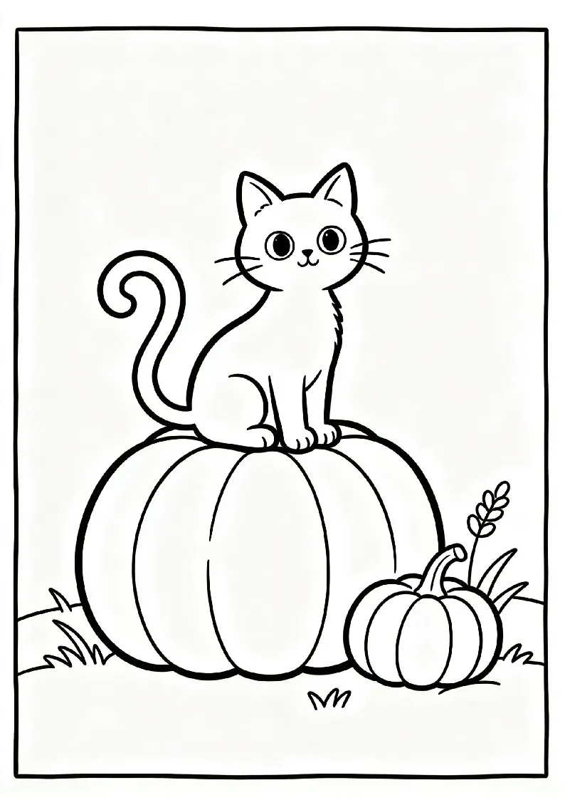 Black Cat Sitting on a Pumpkin coloring page, black outline drawing ready to print
