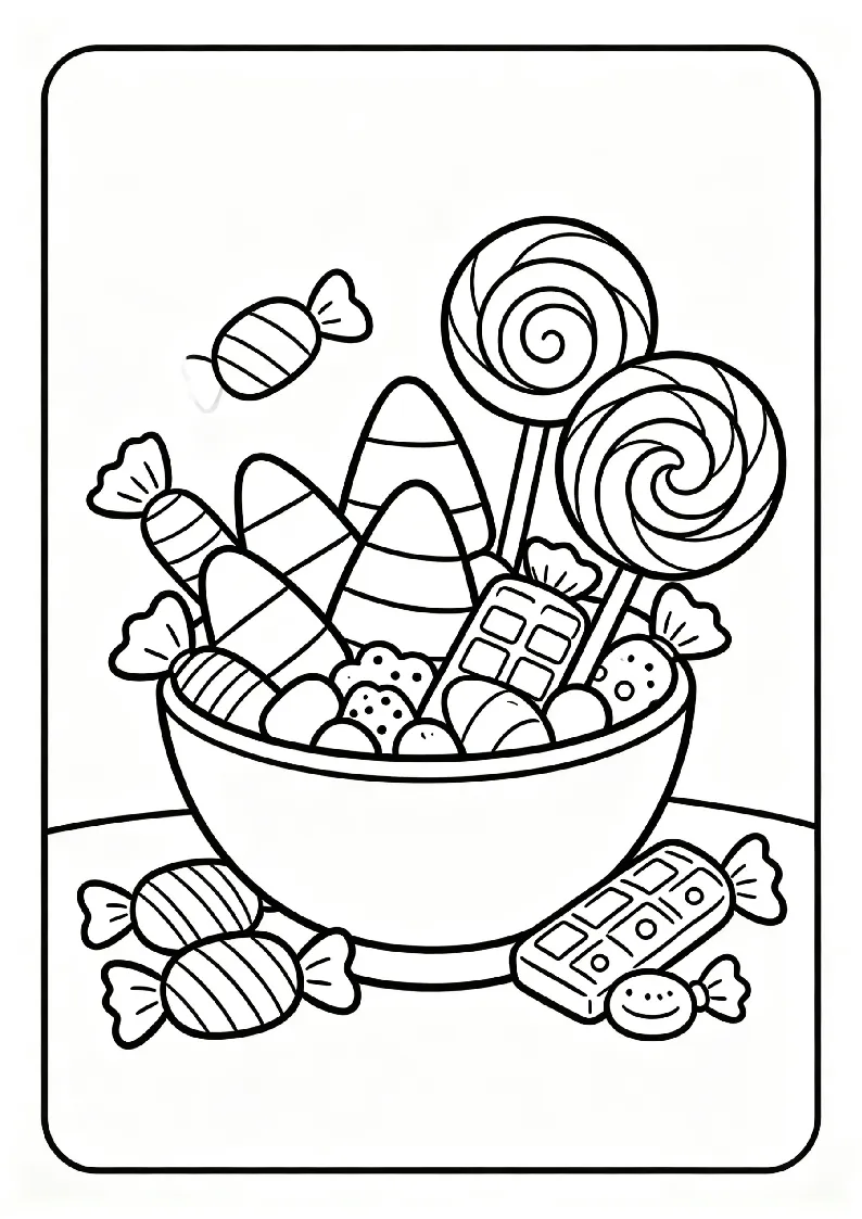 Candy Corn and Halloween Sweets coloring page, black outline drawing ready to print