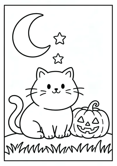 Cute Cat Sitting Beside a Jack-o'-Lantern coloring page