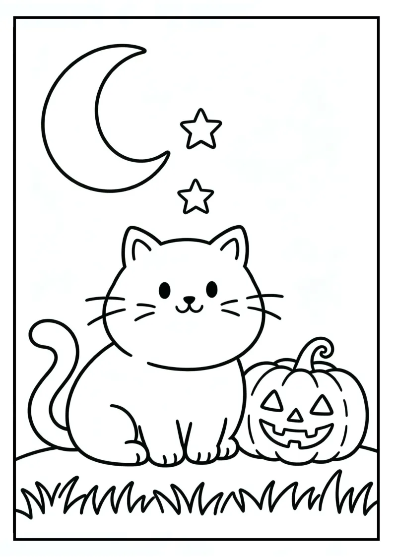 Cute Cat Sitting Beside a Jack-o'-Lantern coloring page, black outline drawing ready to print