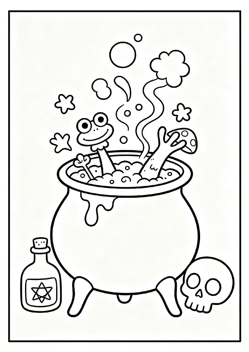 Cauldron Bubbling with Potion coloring page, black outline drawing ready to print