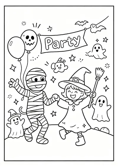 Costume Party with Mummies and Wizards coloring page