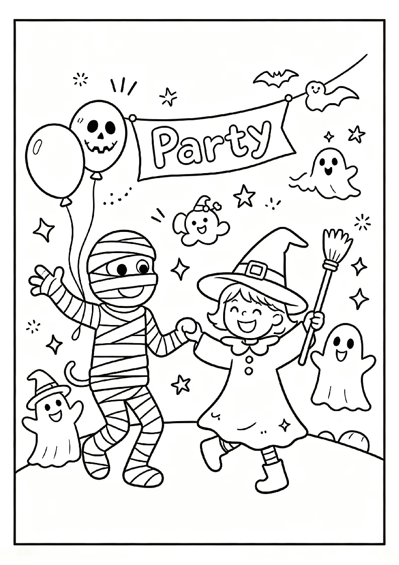 Costume Party with Mummies and Wizards coloring page, black outline drawing ready to print