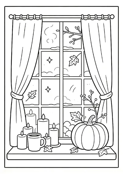 Cozy October Window with Candles coloring page