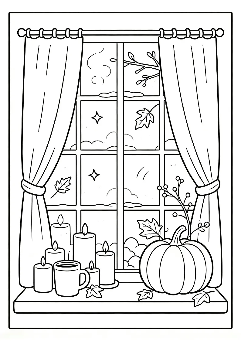 Cozy October Window with Candles coloring page, black outline drawing ready to print
