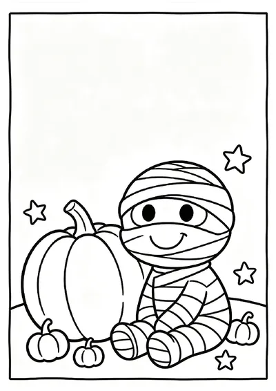 Cute Mummy Sitting Next to a Pumpkin coloring page