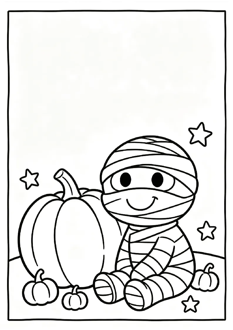 Cute Mummy Sitting Next to a Pumpkin coloring page, black outline drawing ready to print