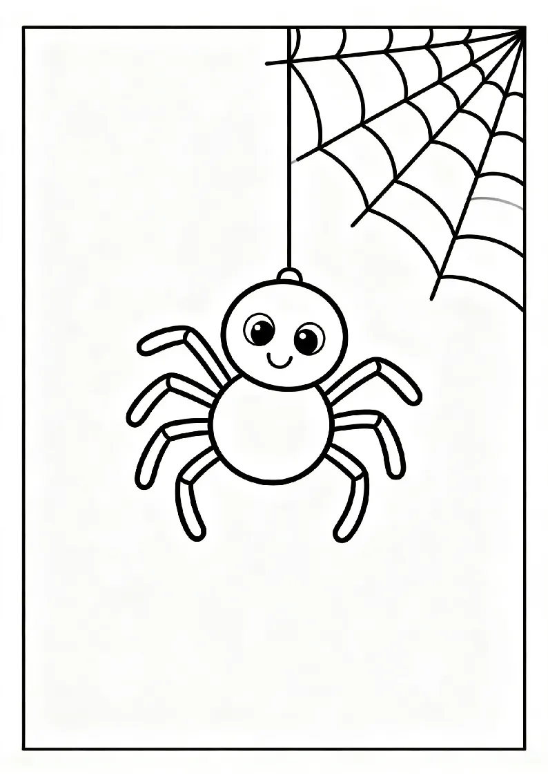 Cute Spider Hanging from Its Web coloring page, black outline drawing ready to print