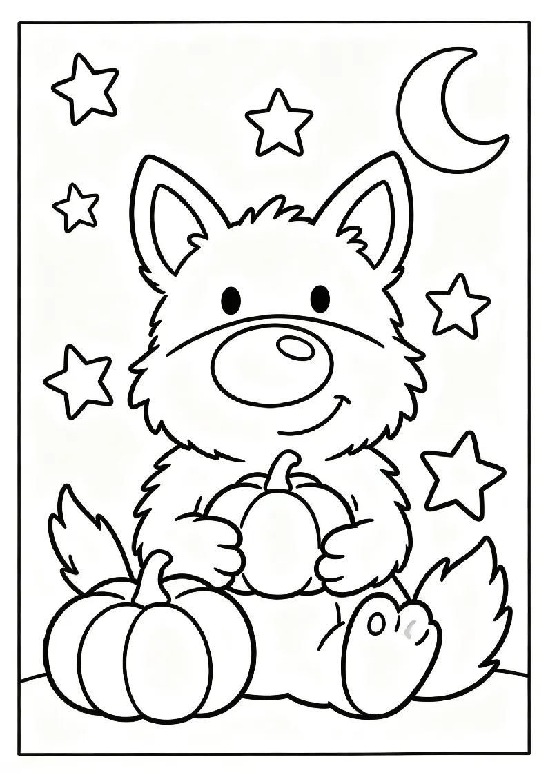 Cute Werewolf Holding a Little Pumpkin coloring page, black outline drawing ready to print