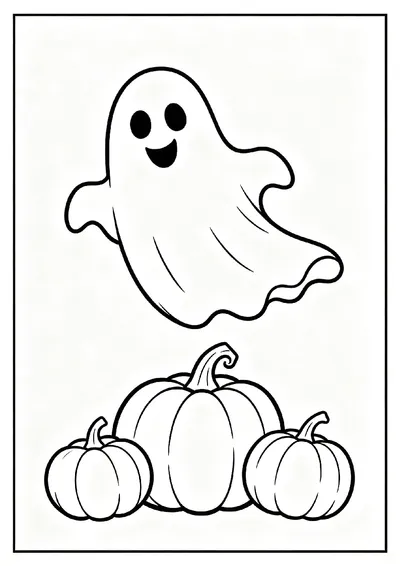 Friendly Ghost Floating Over Pumpkins coloring page