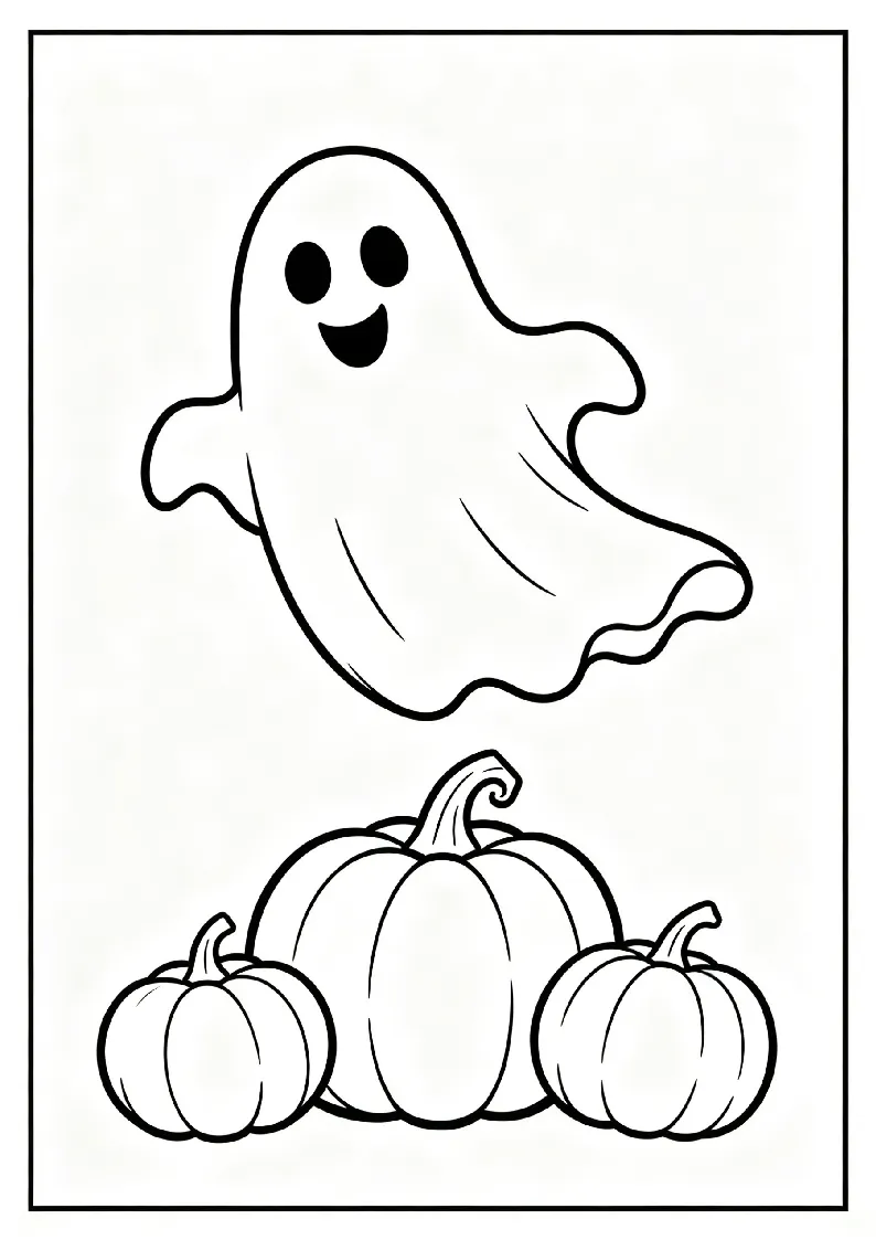 Friendly Ghost Floating Over Pumpkins coloring page, black outline drawing ready to print