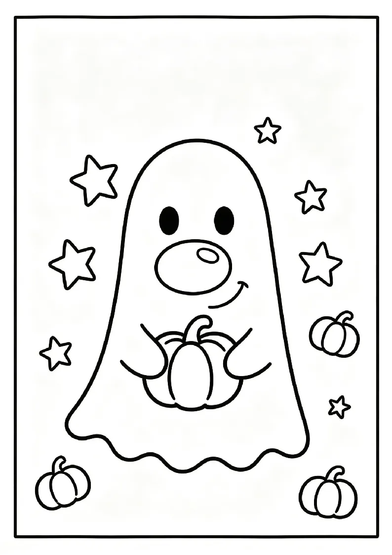 Friendly Ghost Holding a Little Pumpkin coloring page, black outline drawing ready to print